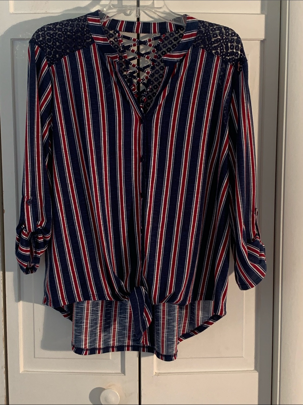 No Boundaries Navy Red White Striped Button Down Top EUC